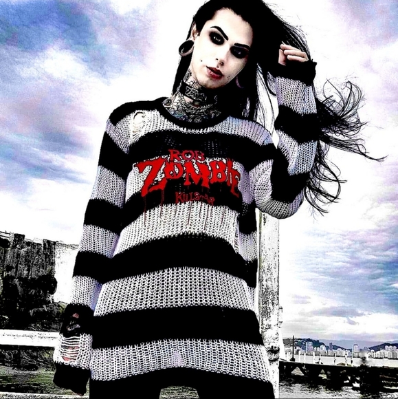 Desperately ISO Rob Zombie X Killstar black & white striped distressed sweater!! - Picture 2 of 4